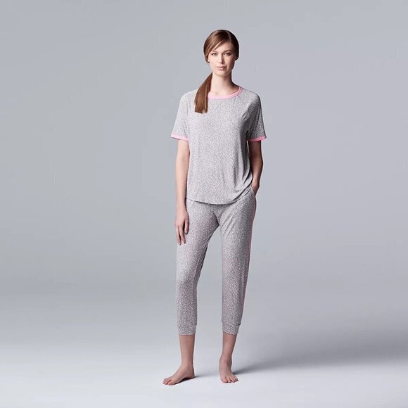 Simply Vera Wang Womens Gray Pink Short Sleeve Pockets Crop Pajama Sets Sz M New - Picture 10 of 12